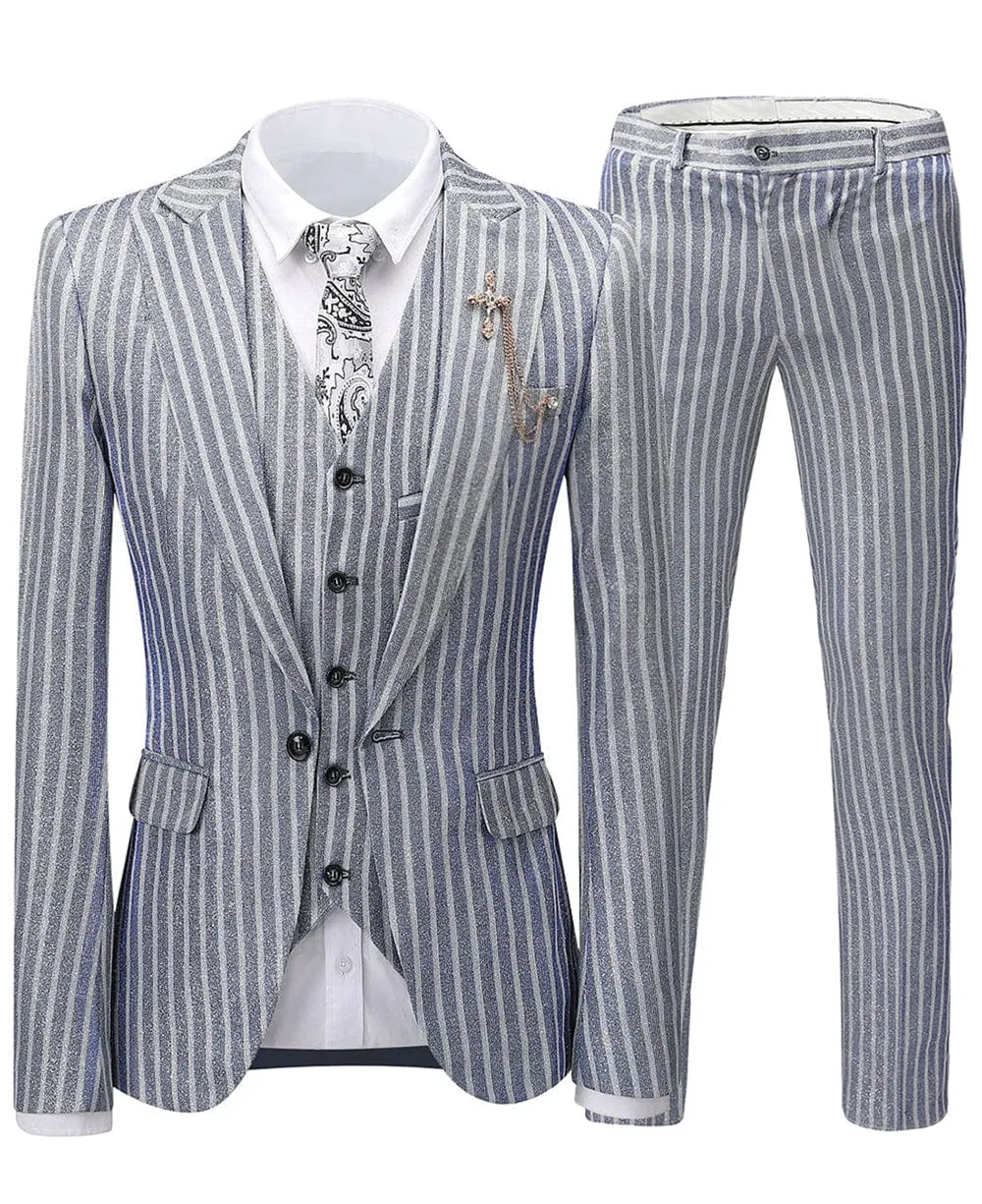 Formal Grey Striped 3 Pieces Mens Suit Tuxedos (Blazer vest Pants)