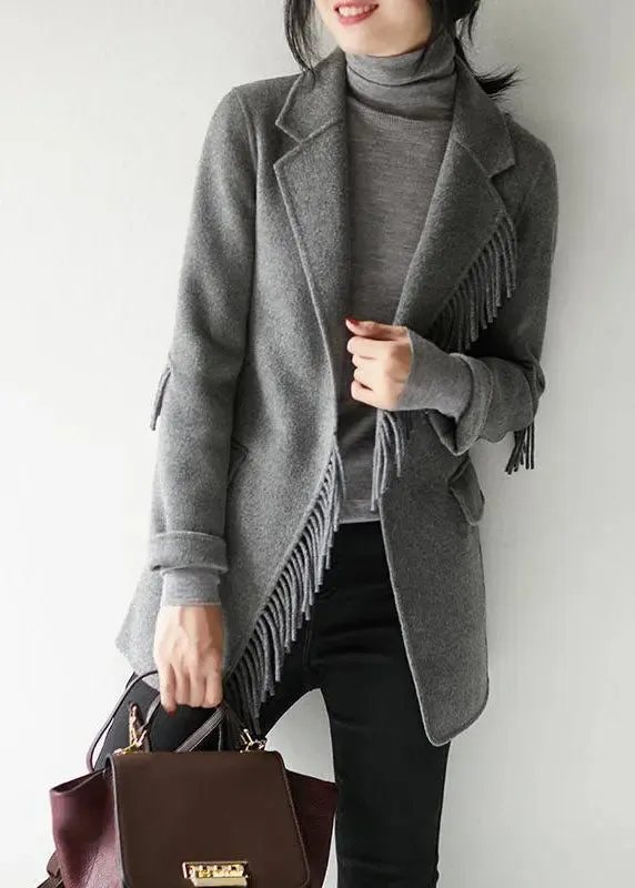 French Grey Notched Tassel Solid Woolen Blend Coat Fall LY8369