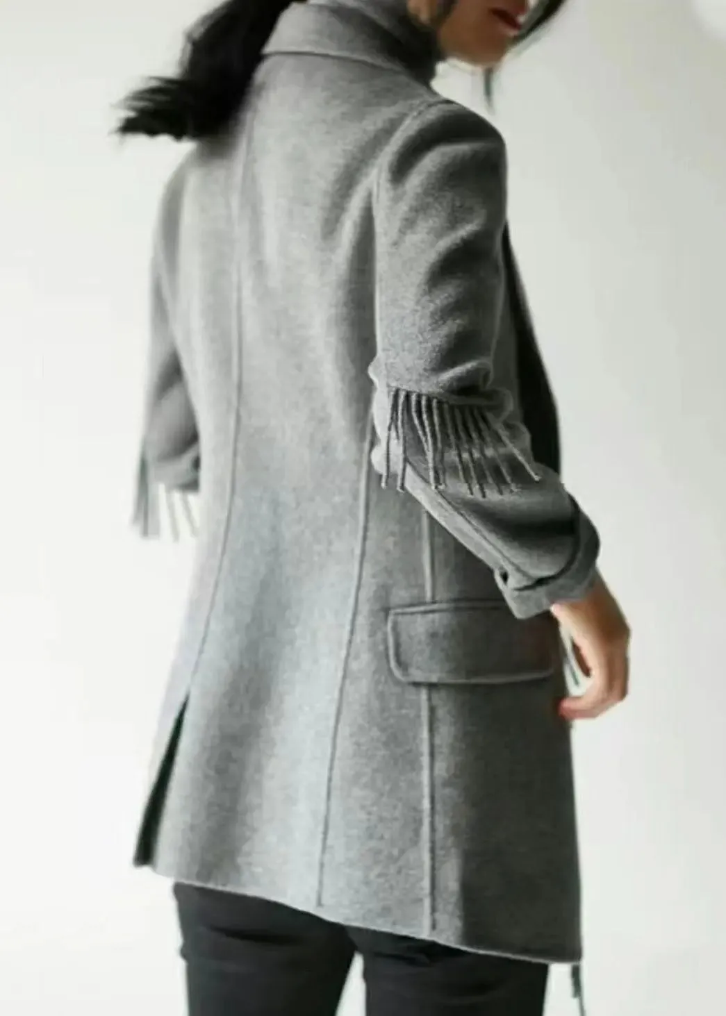 French Grey Notched Tassel Solid Woolen Blend Coat Fall LY8369