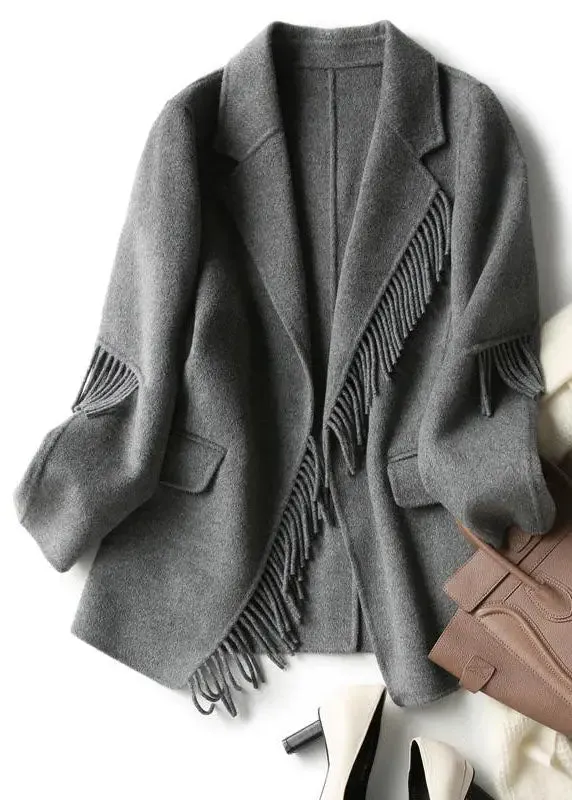 French Grey Notched Tassel Solid Woolen Blend Coat Fall LY8369