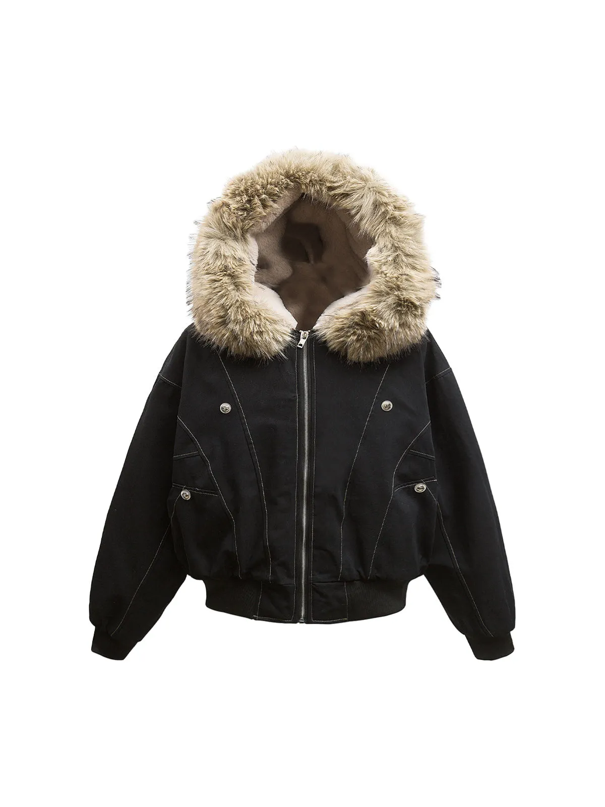 Fur Lined Zip Up Hooded Bomber Jacket