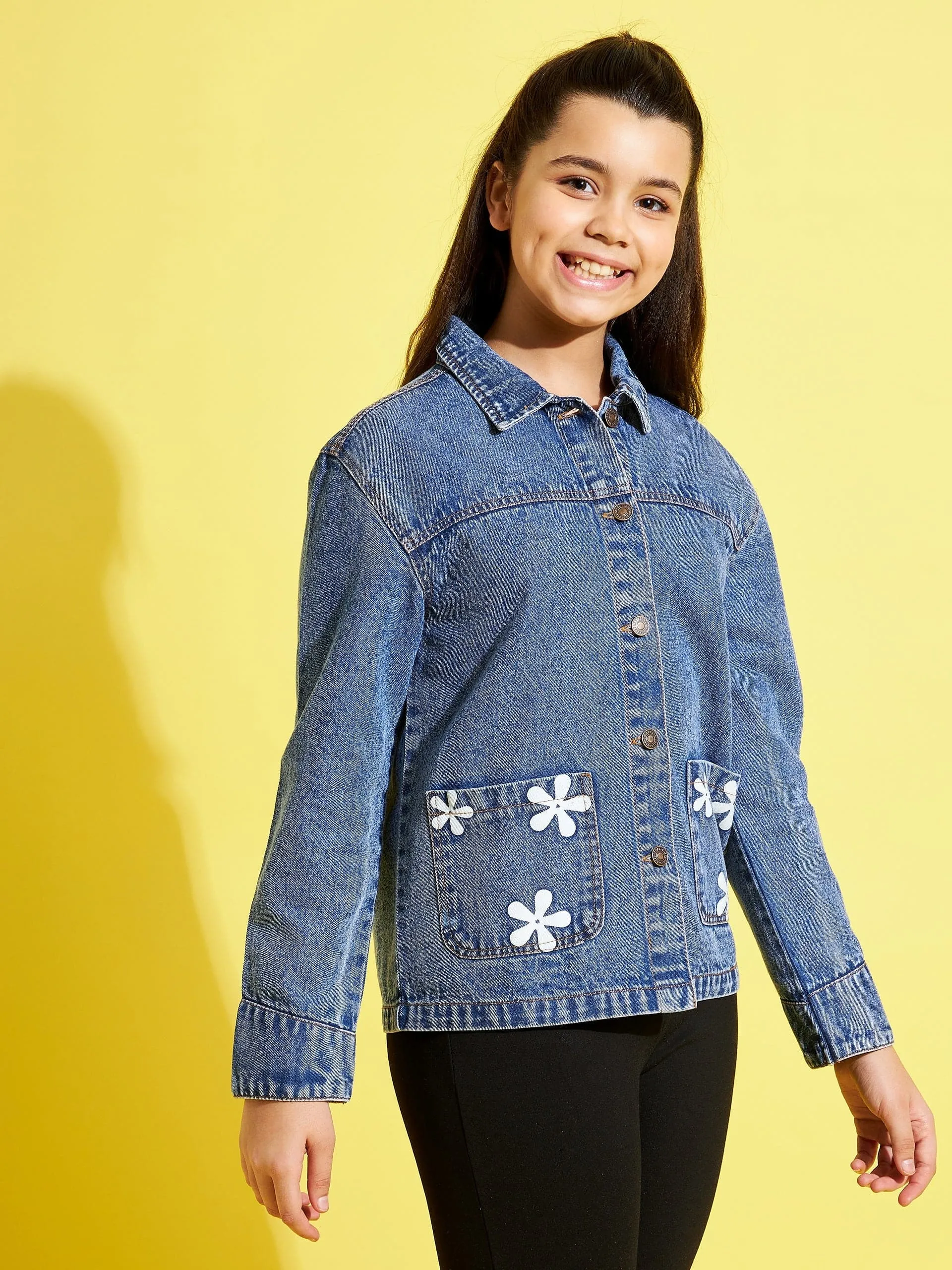 Girls Blue Flower Denim Jacket - Lyush Kids