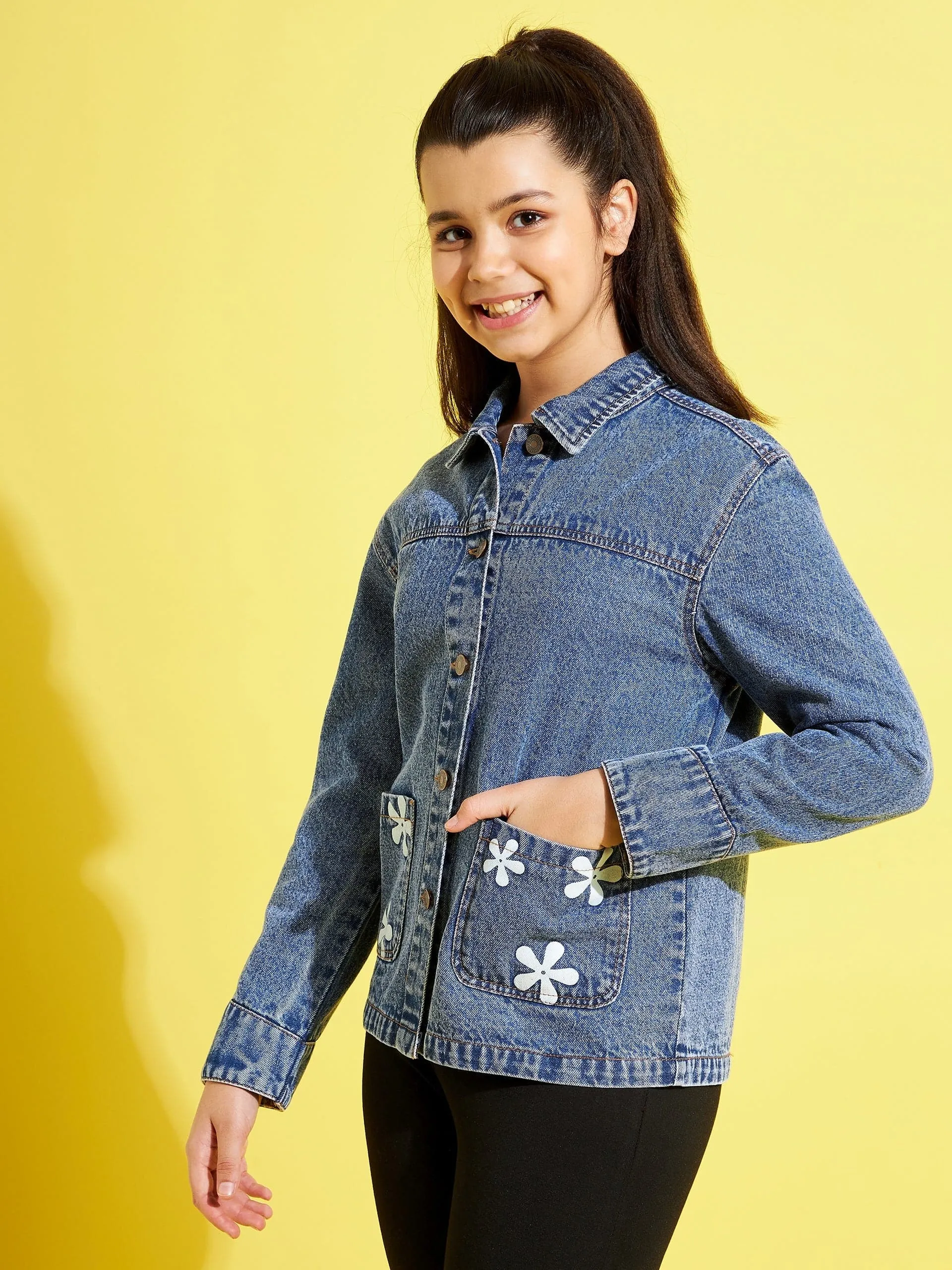 Girls Blue Flower Denim Jacket - Lyush Kids