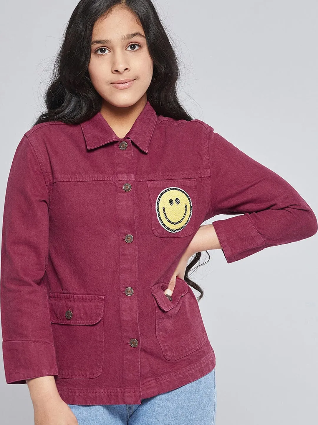 Girls Burgundy Smiley Patch Denim Jacket - Lyush Kids