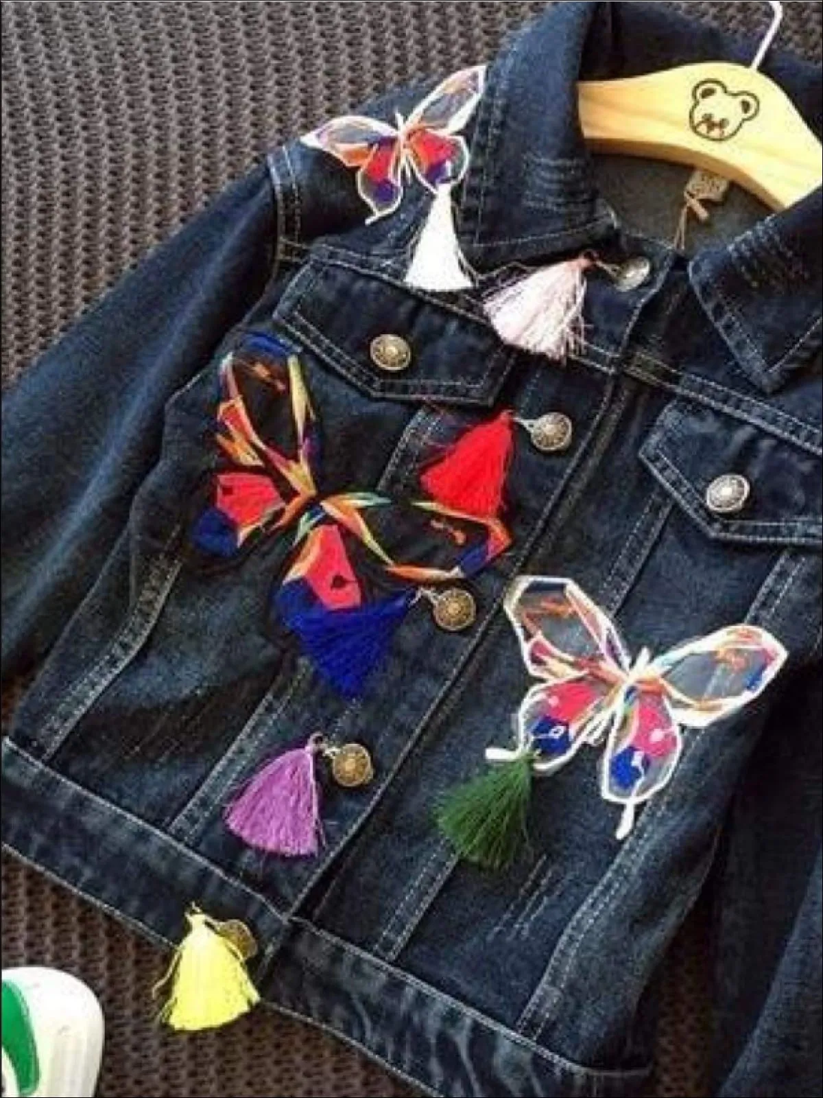 Girls Butterfly Applique Denim Jacket (Dark Blue And Light Blue Denim Options)