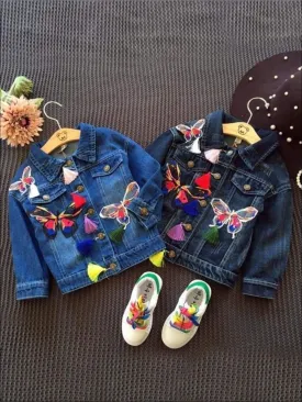 Girls Butterfly Applique Denim Jacket (Dark Blue And Light Blue Denim Options)