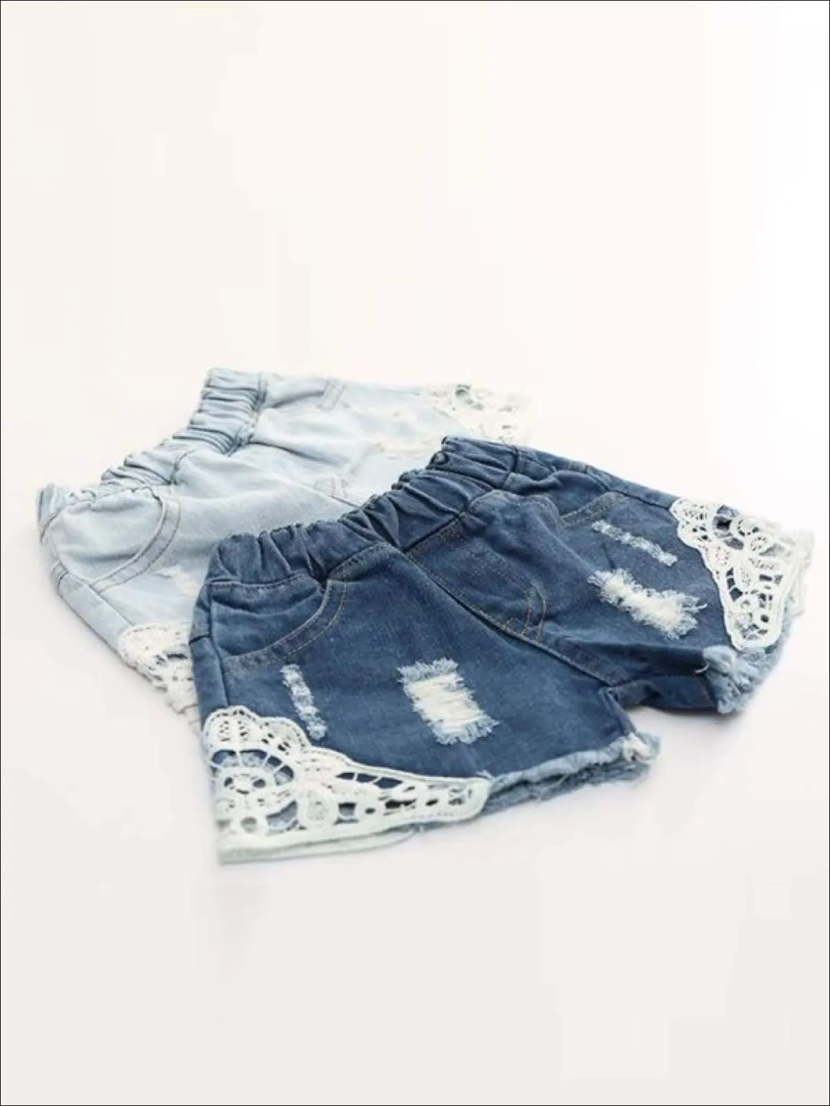 Girls Distressed Lace Denim Shorts