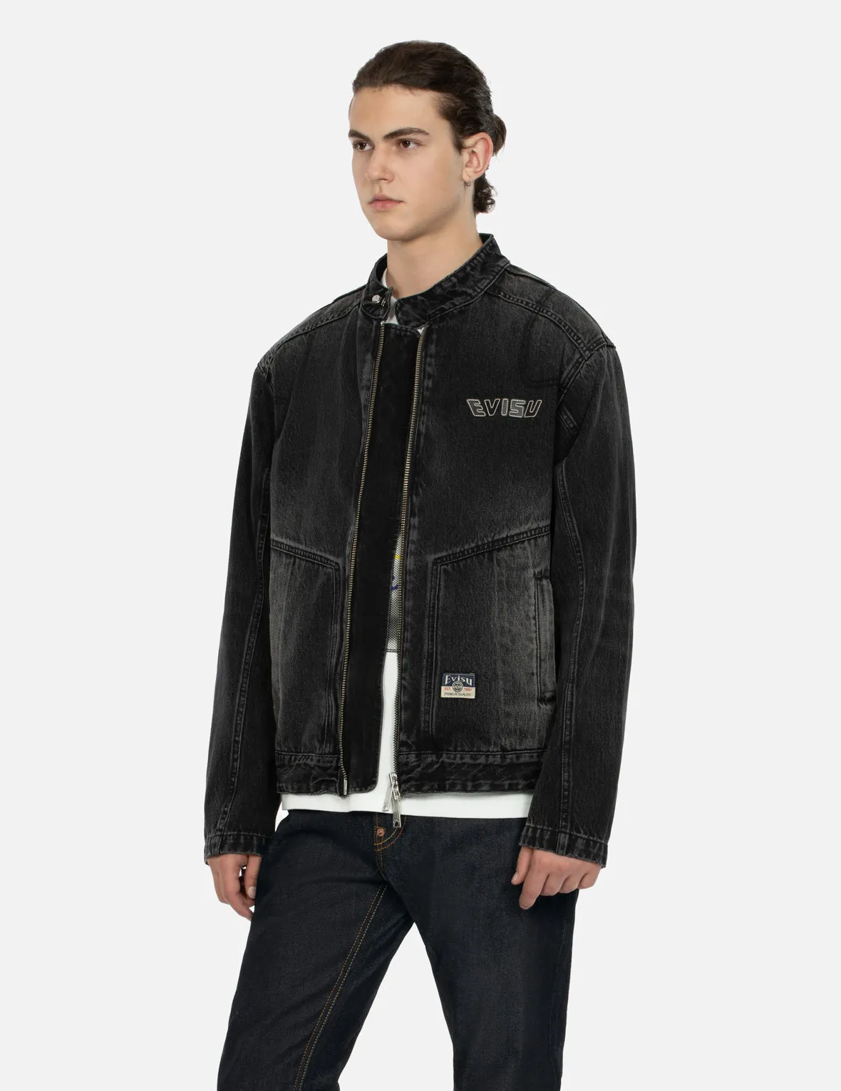 Godhead Print Relax Fit Biker Denim Jacket