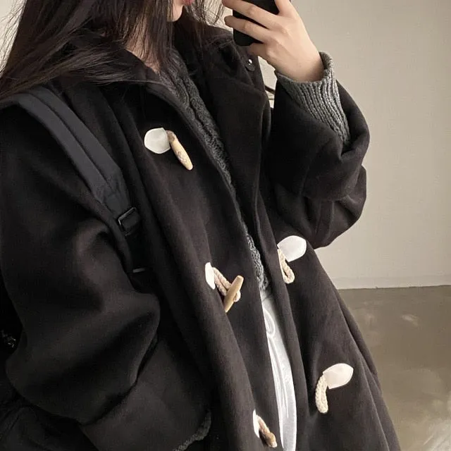 [Korean Style] 2 Color Toggle Button Fully Lined Hooded Long Coat