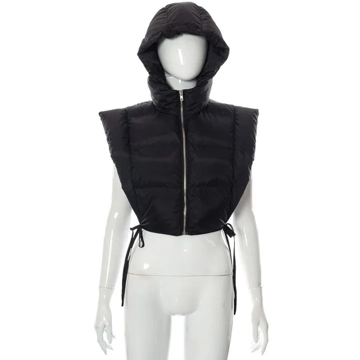 Ladies puffer bubble tie side vest coat hoodie crop jacket