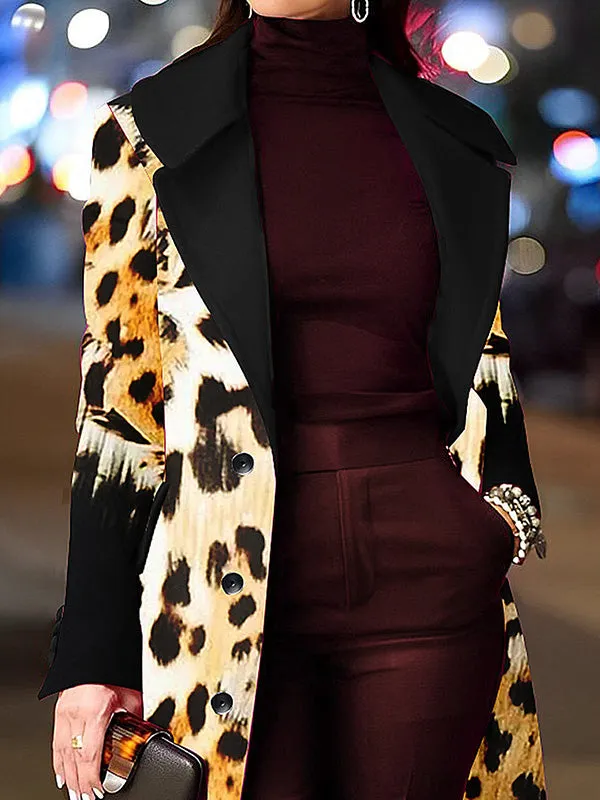 Leopard Split-Joint Long Sleeves Loose Lapel Woolen Coat