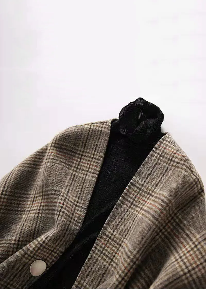 Loose Plaid V Neck Button Patchwork Cotton Coat Half Sleeve LY9636