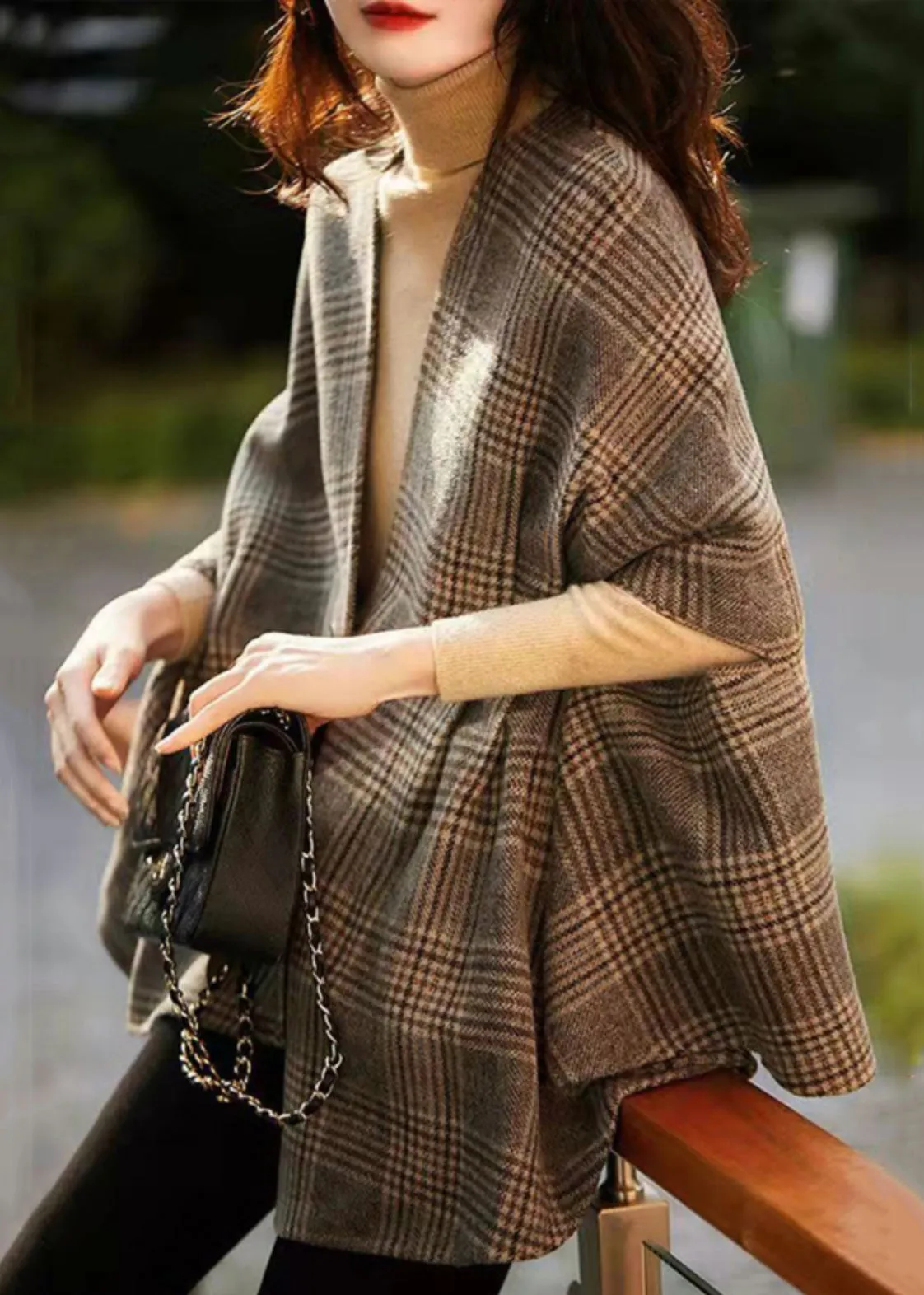 Loose Plaid V Neck Button Patchwork Cotton Coat Half Sleeve LY9636