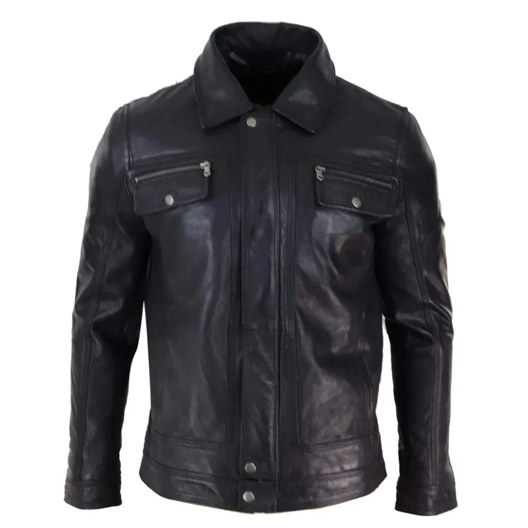 Mens Black brown Real Leather Jacket Sheepskin Collar Short Zip Button