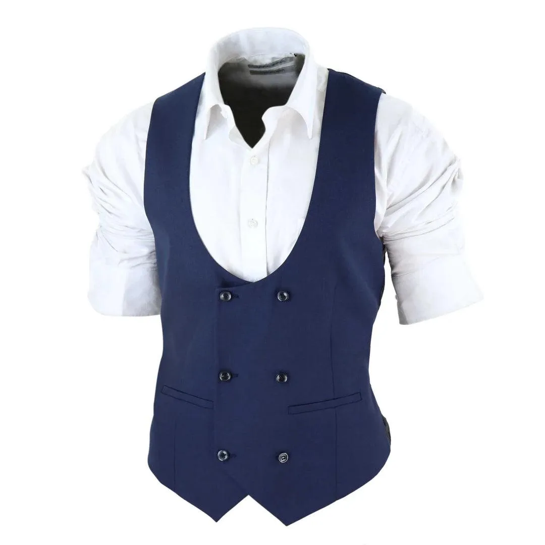 Mens Navy Double Breasted Tailored Fit Classic Retro Office Smart Formal