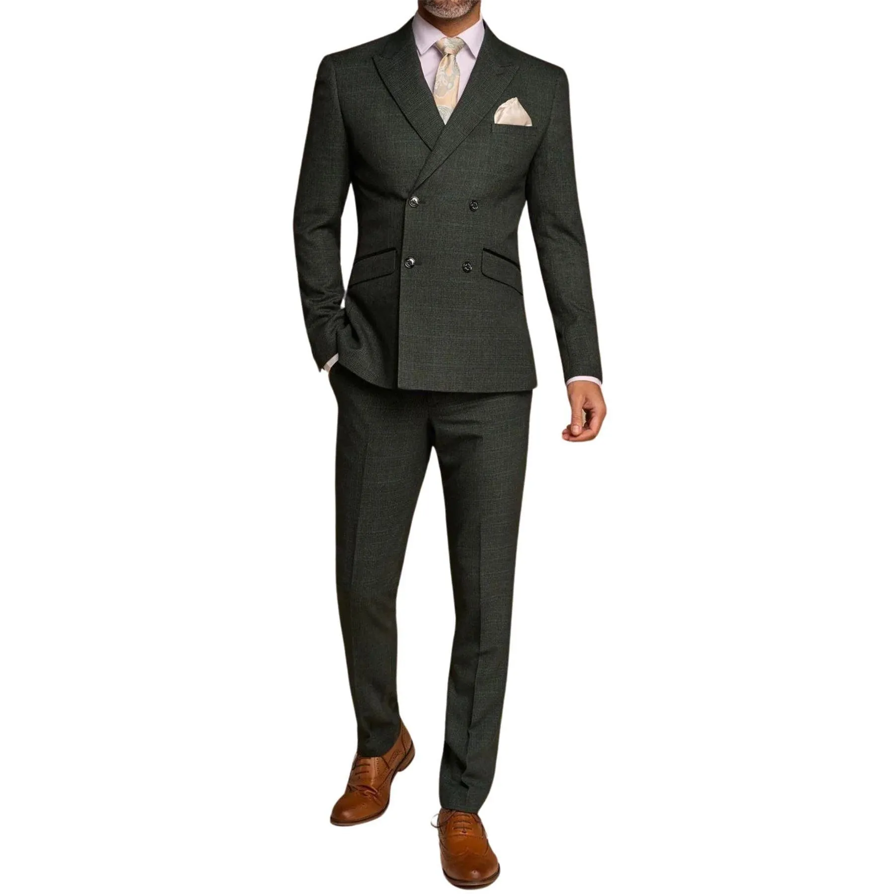 Men's Suit 2 Piece Olive Green Double Breasted Tailored Fit