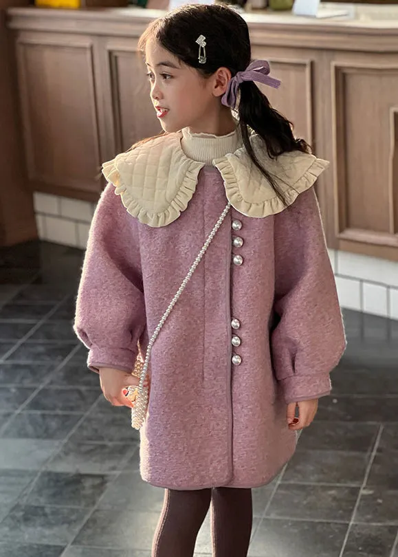 Modern Purple Peter Pan Collar Thick Woolen Kids Long Coat Winter WL052