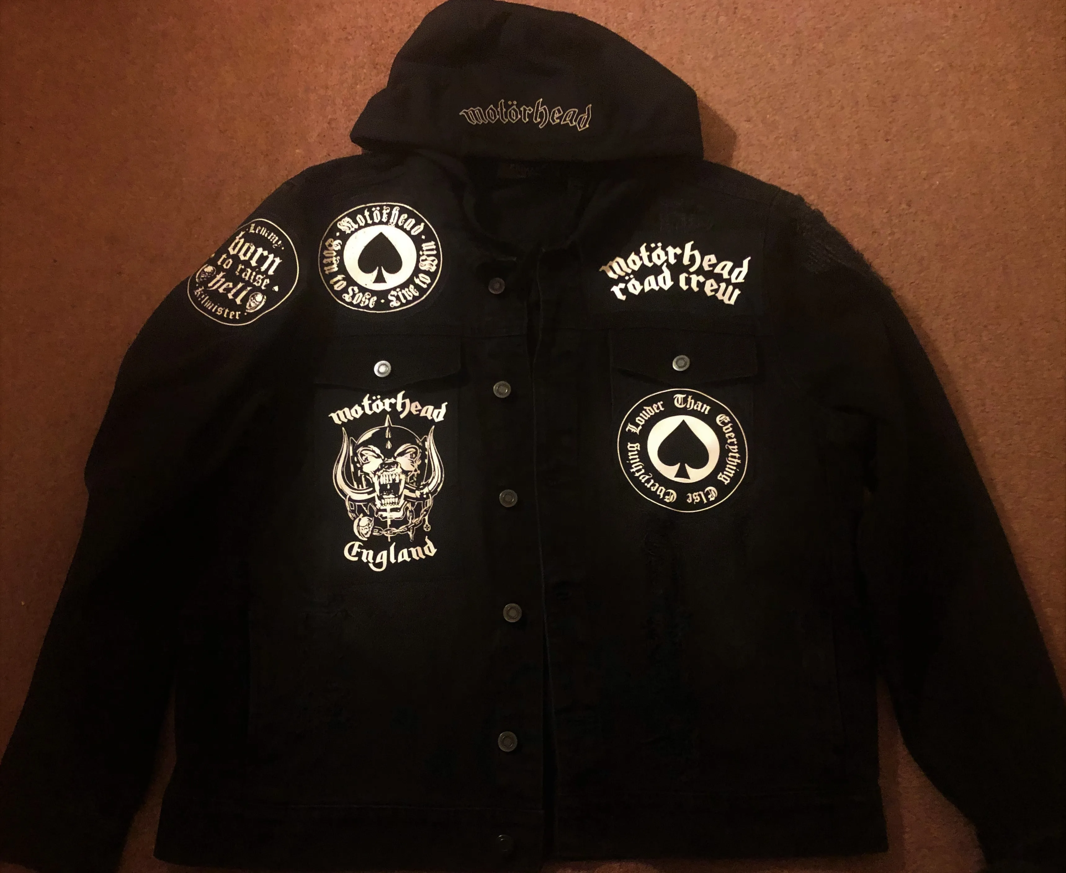 Motörhead Road Crew Distressed Slashed Hooded Denim Jacket Ace Of Spades