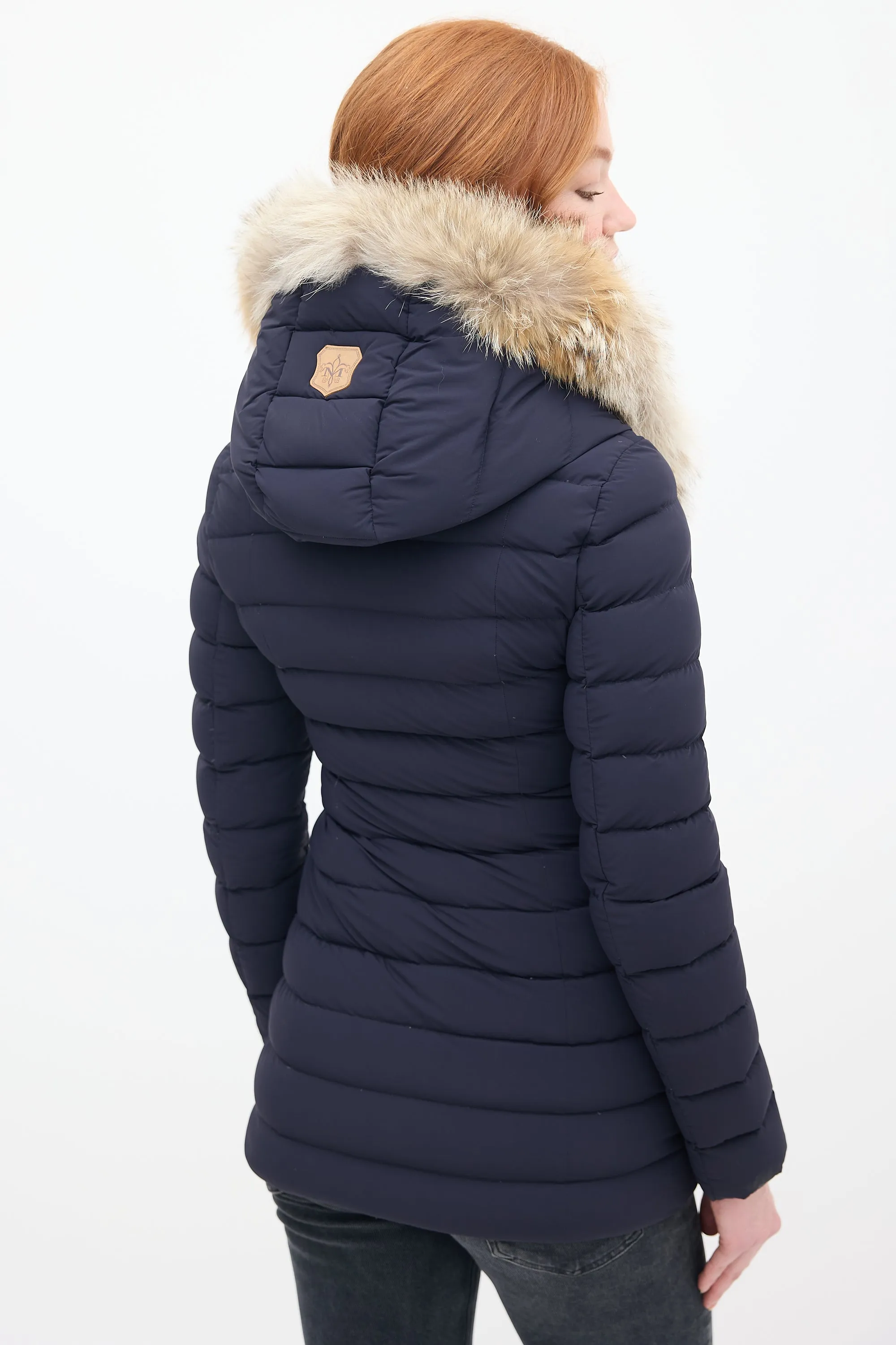 Navy Down & Fur Trim Hooded Puffer Jacket