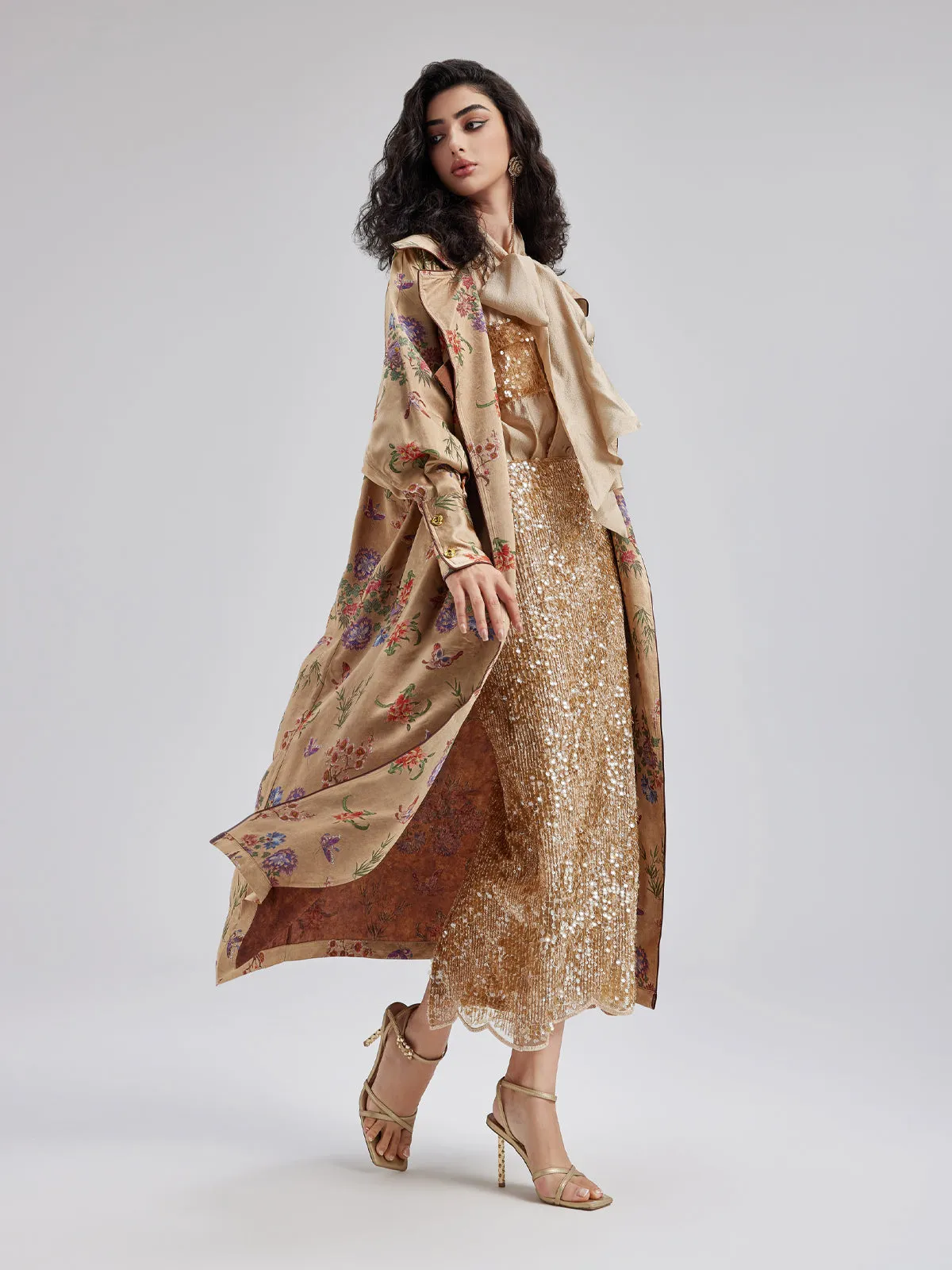 Neo Chinese Style Silk Print Trench Coat