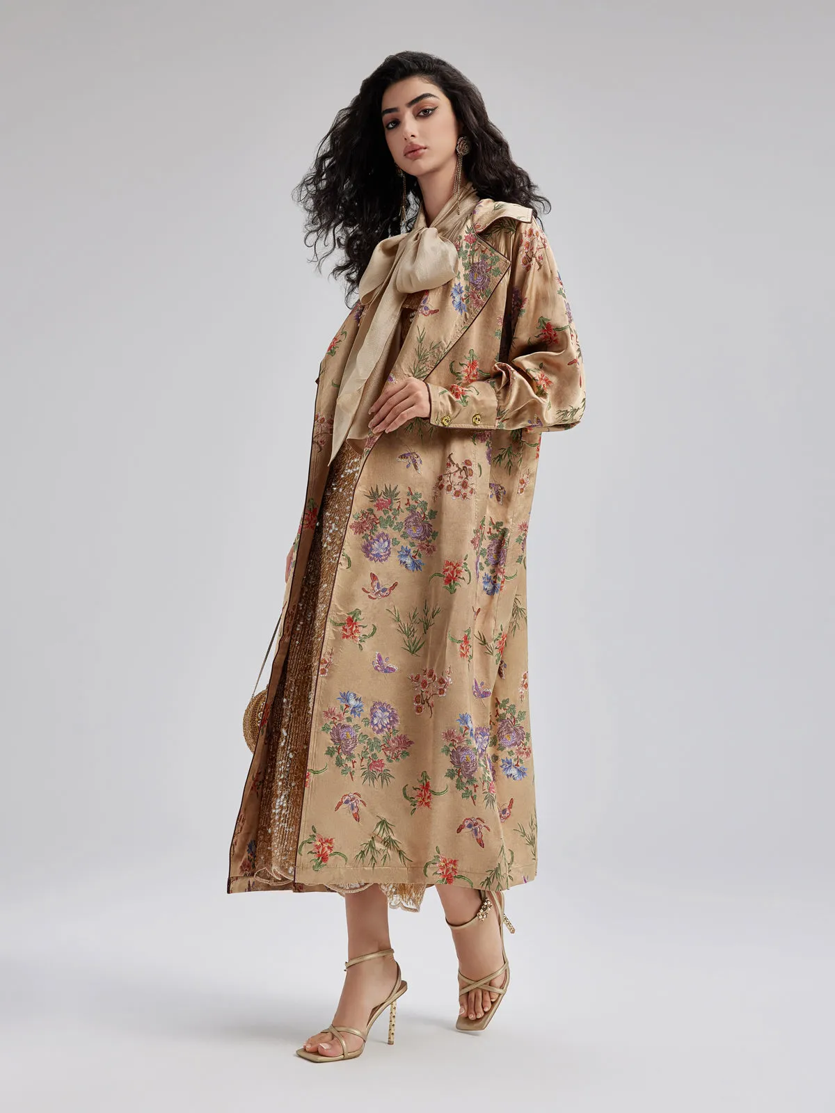 Neo Chinese Style Silk Print Trench Coat