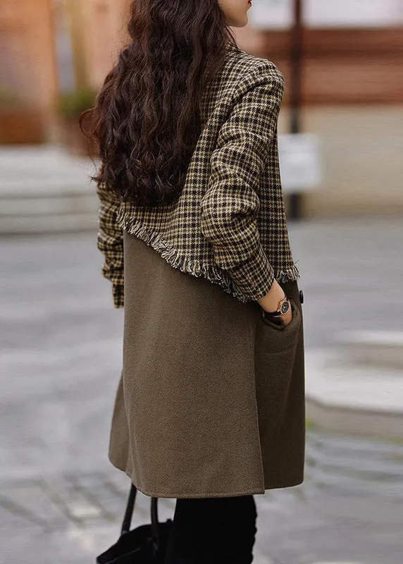 New Brown Plaid Pockets Patchwork Woolen Coat Long Sleeve LY9658