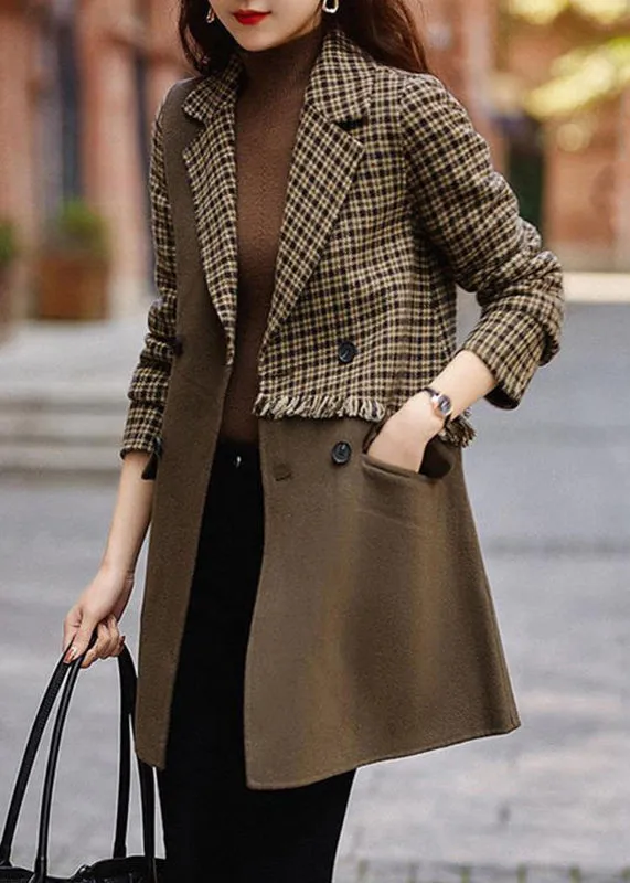 New Brown Plaid Pockets Patchwork Woolen Coat Long Sleeve LY9658