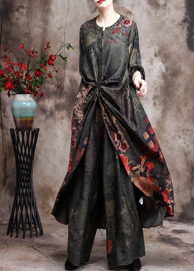 New Silk Two Piece Suit Loose Irregular Print Top Wide Leg Pants