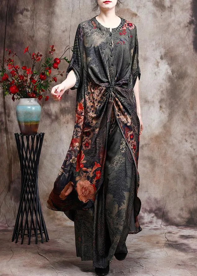 New Silk Two Piece Suit Loose Irregular Print Top Wide Leg Pants