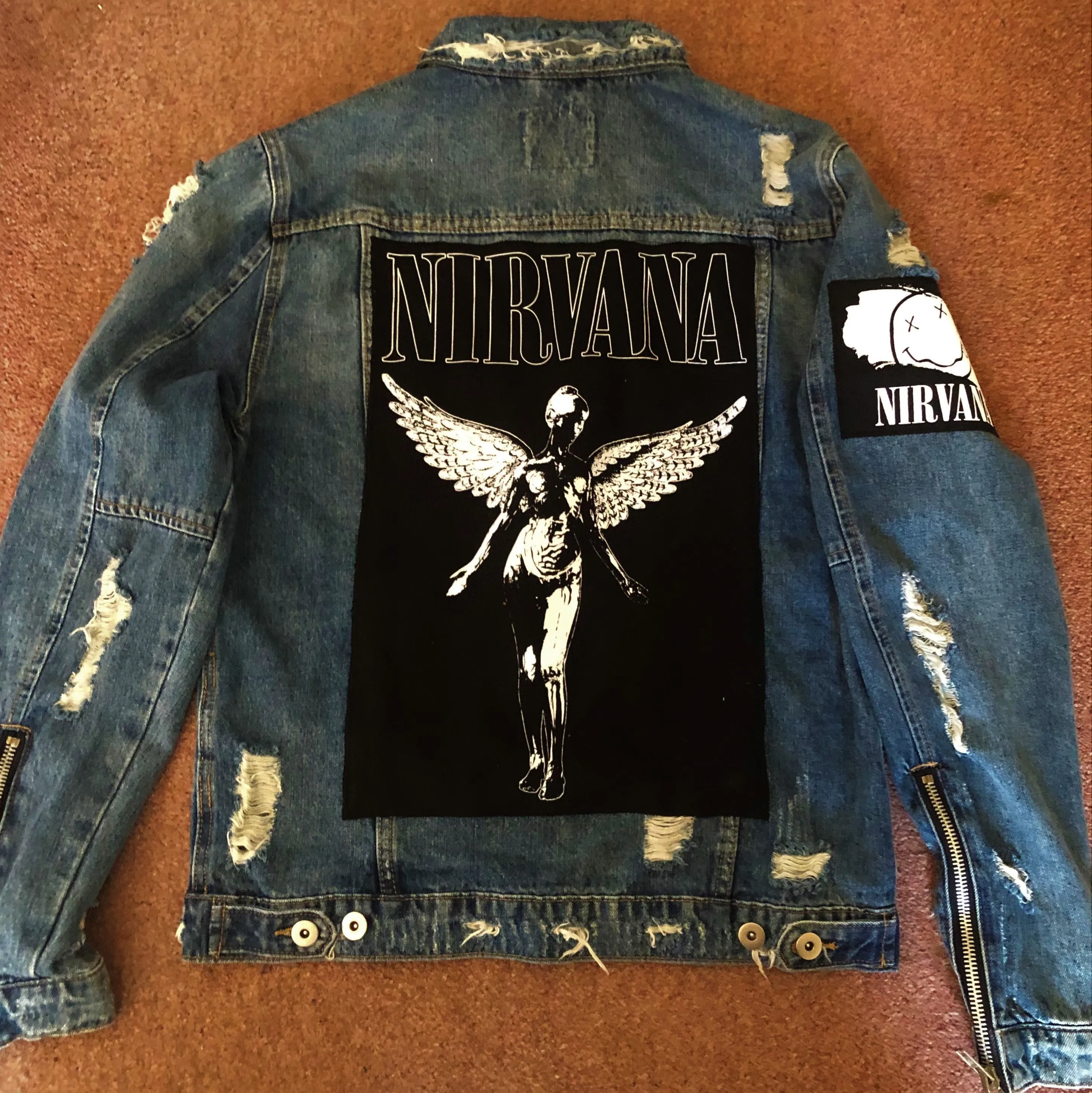 Nirvana Distressed Blue Denim Patch Jacket Come As You Are Smiley Angel