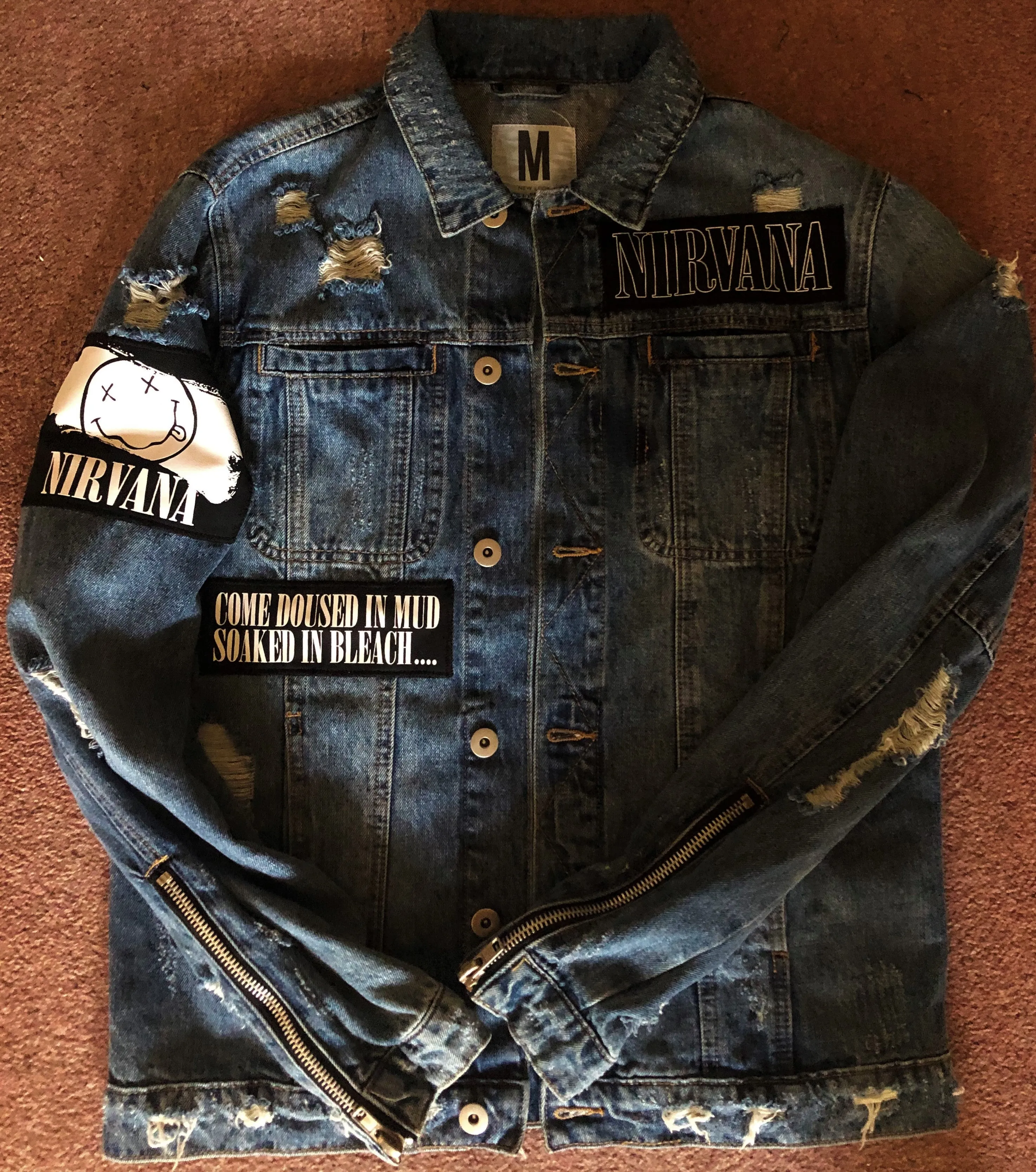 Nirvana Distressed Blue Denim Patch Jacket Come As You Are Smiley Angel