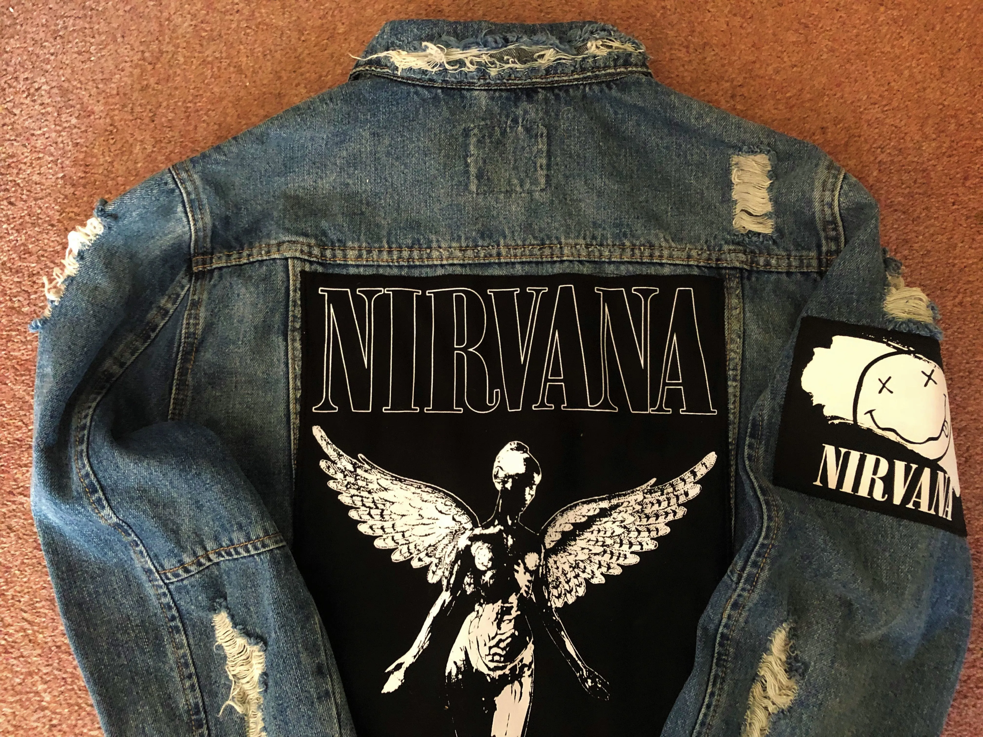 Nirvana Distressed Blue Denim Patch Jacket Come As You Are Smiley Angel