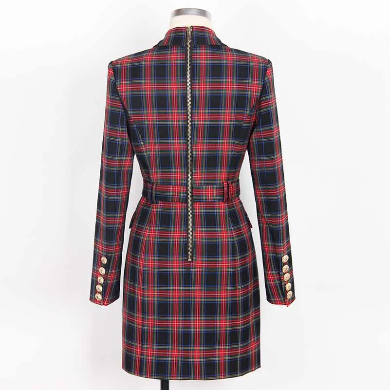 Plaid Double-Breasted Blazer Dress with Belt