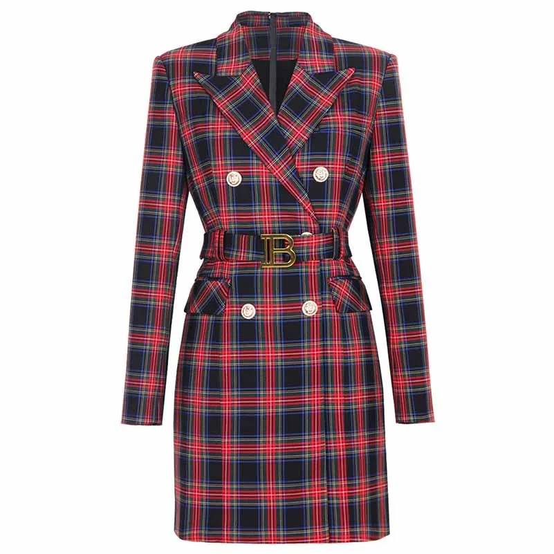 Plaid Double-Breasted Blazer Dress with Belt