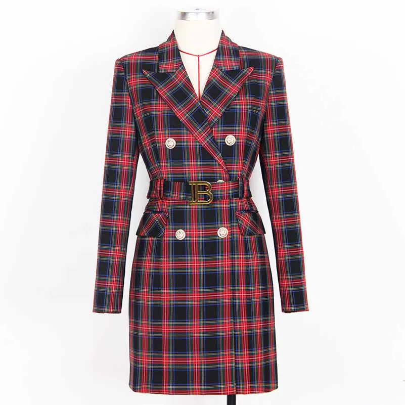 Plaid Double-Breasted Blazer Dress with Belt