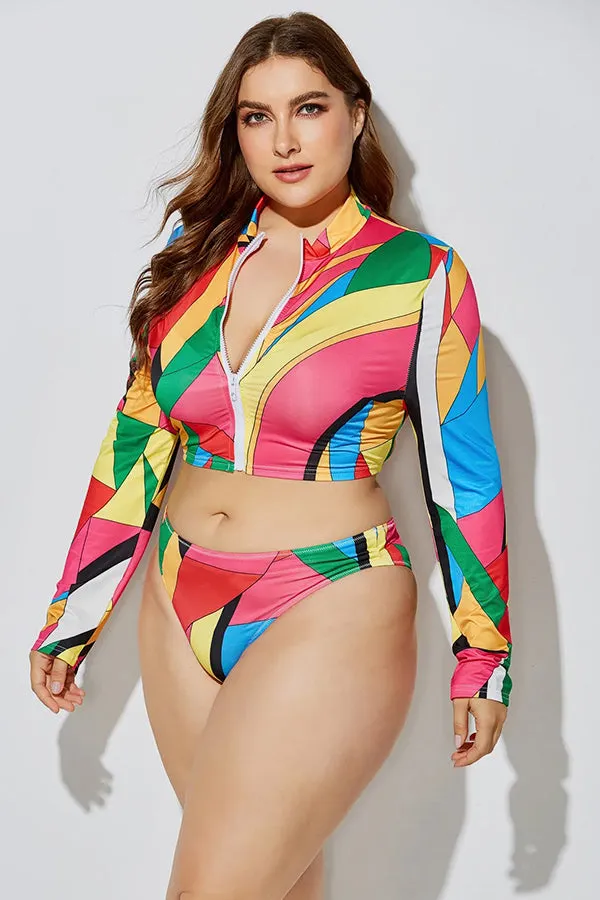 Plus High Neck Color Block Print Long Sleeve Swimsuit Rash Guard Set