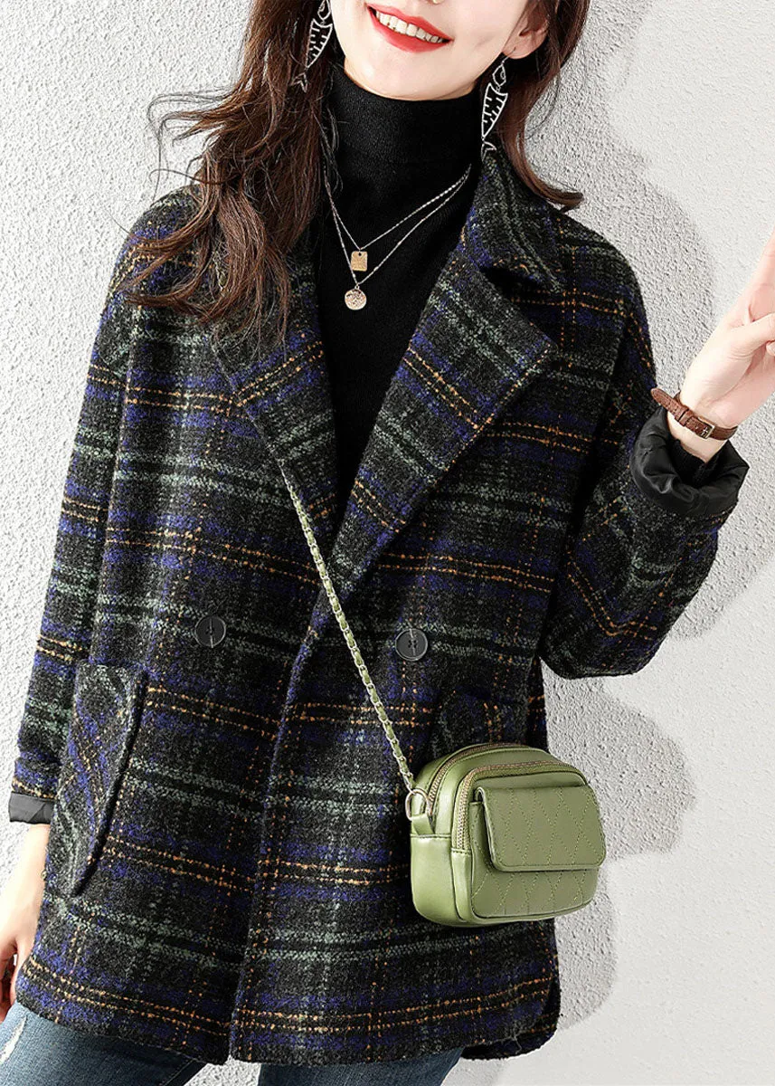 Plus Size Peter Pan Collar Plaid Woolen Coat Winter