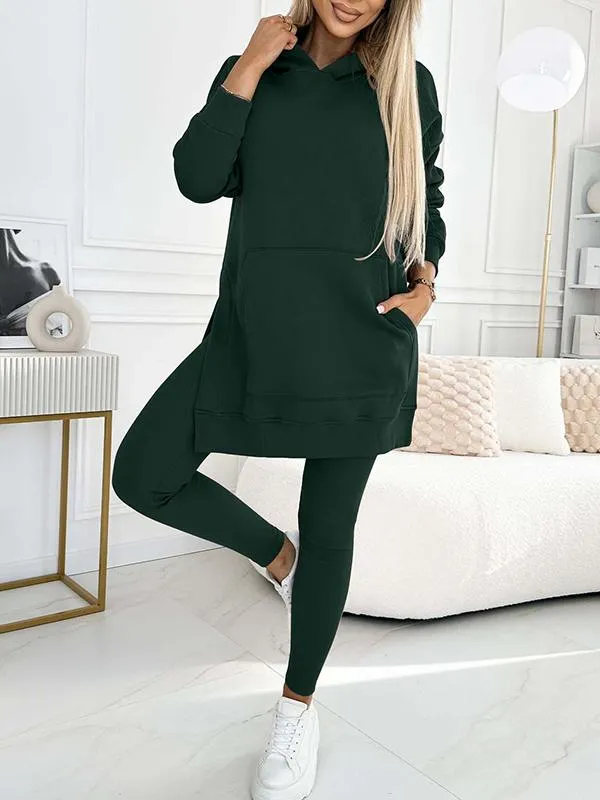 (S-5XL) Plus Size Women's Fashion Solid Color Hoodie and Lined Leggings two-piece set