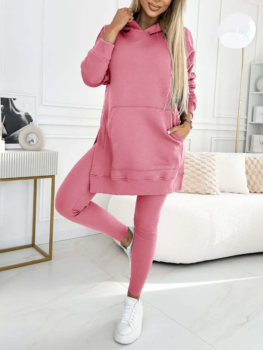 (S-5XL) Plus Size Women's Fashion Solid Color Hoodie and Lined Leggings two-piece set