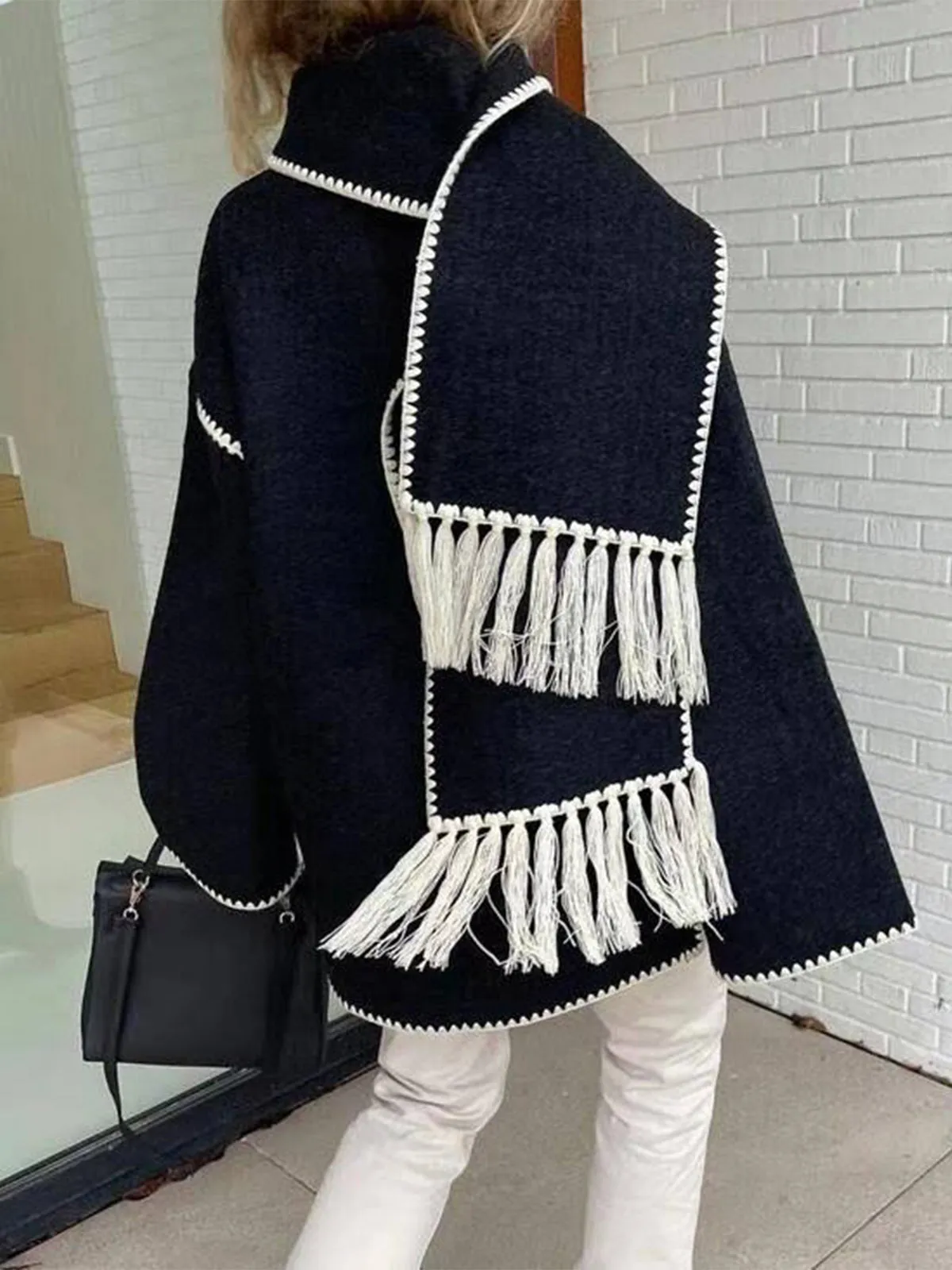 Scarf-Neckline Felt Woolen Coat