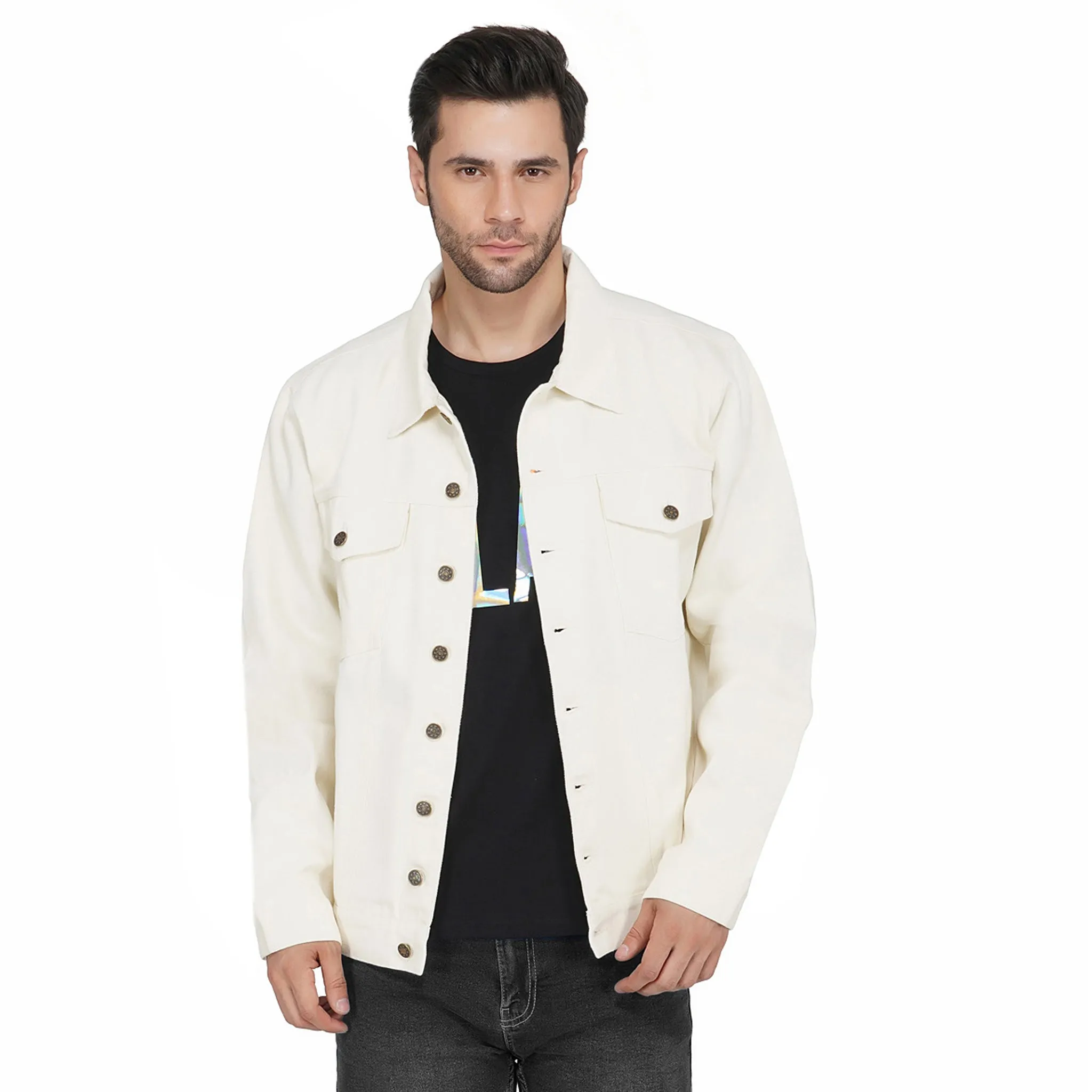 SLAY. Men's Off-White Vintage Button-Down Denim Biker Jacket