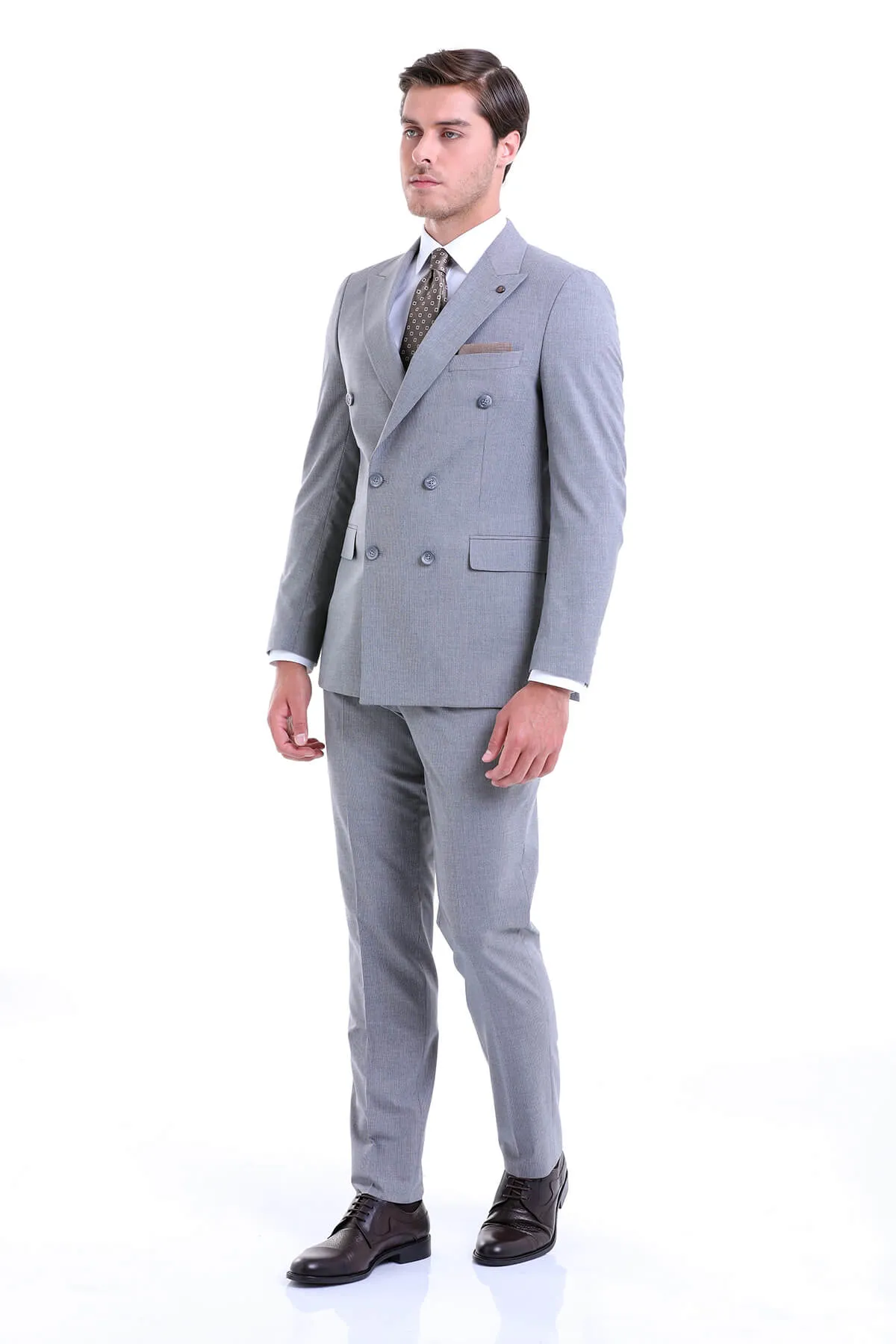 Slim Fit Double Breasted Gray Striped Casual Suit