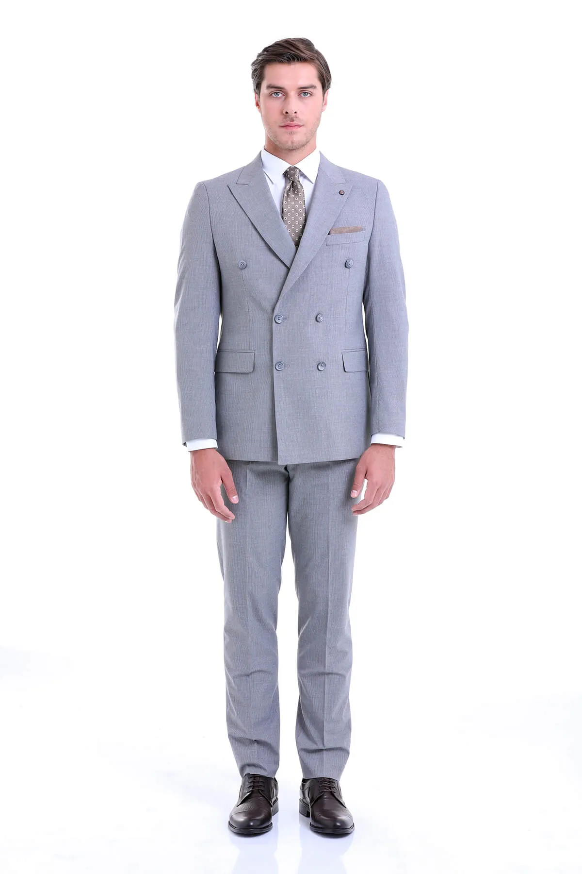 Slim Fit Double Breasted Gray Striped Casual Suit