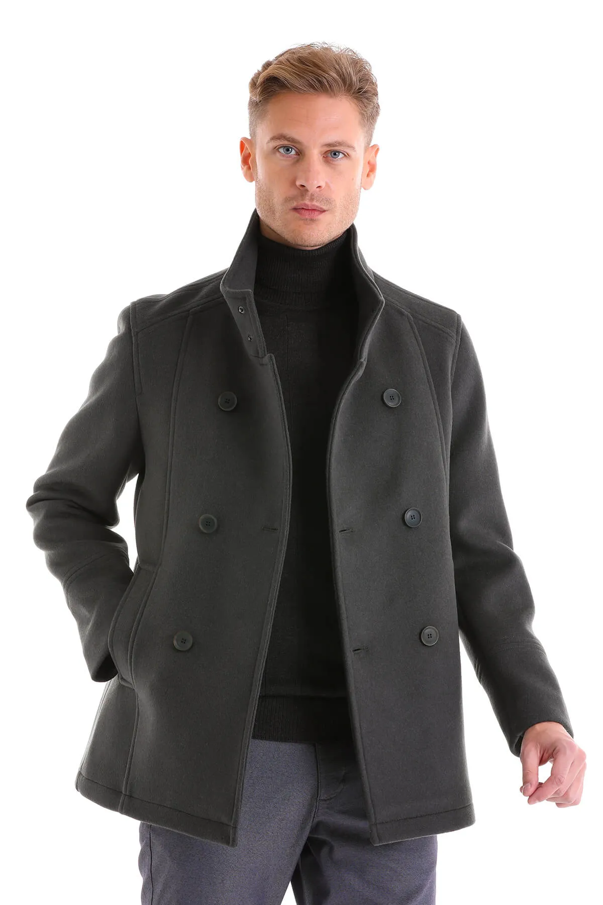 Slim Fit Double Breasted Light Gray Wool Blend Coat