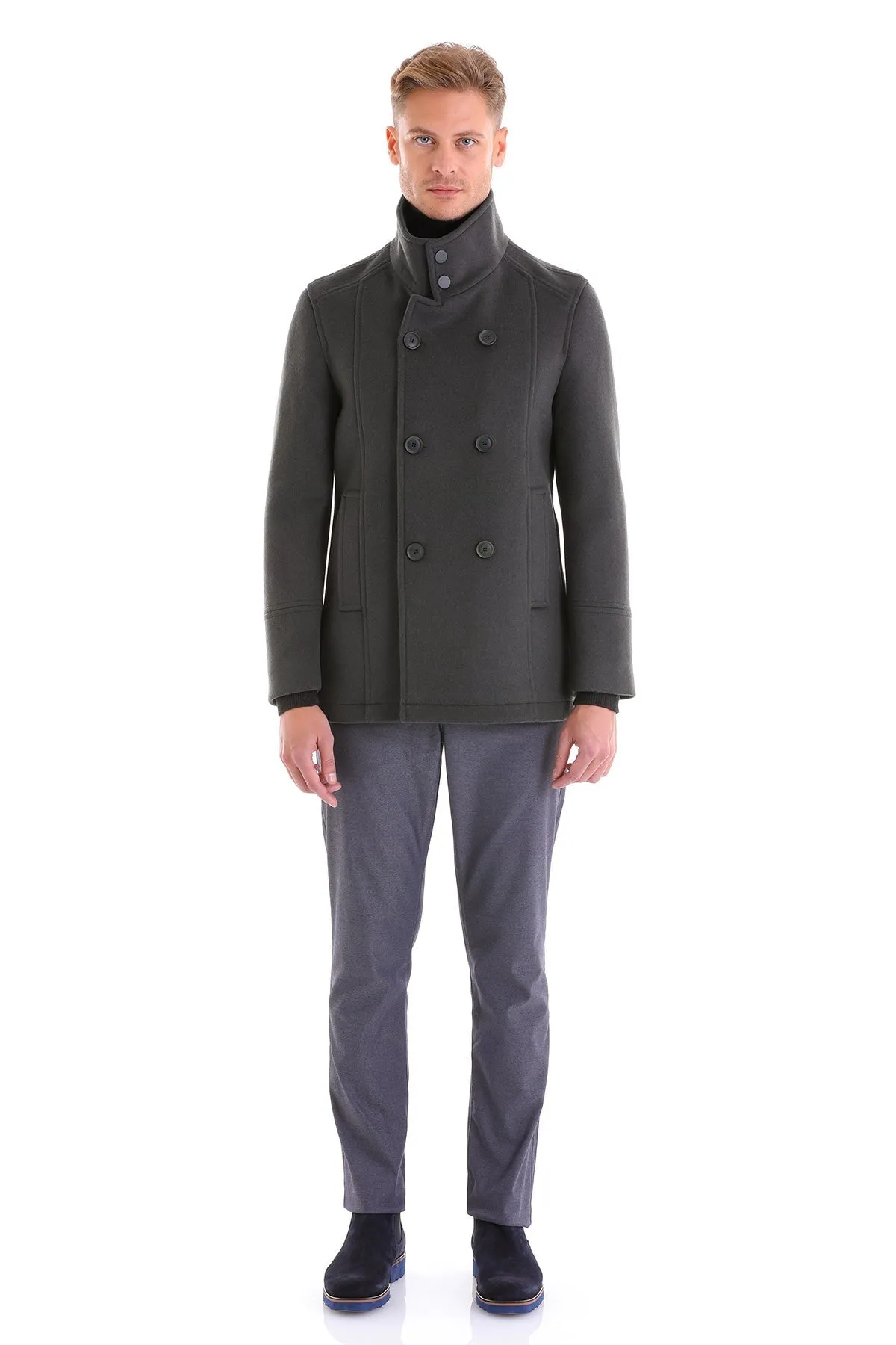 Slim Fit Double Breasted Light Gray Wool Blend Coat