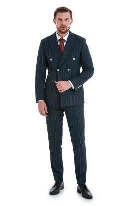 Slim Fit Double Breasted Navy Striped Casual Suit