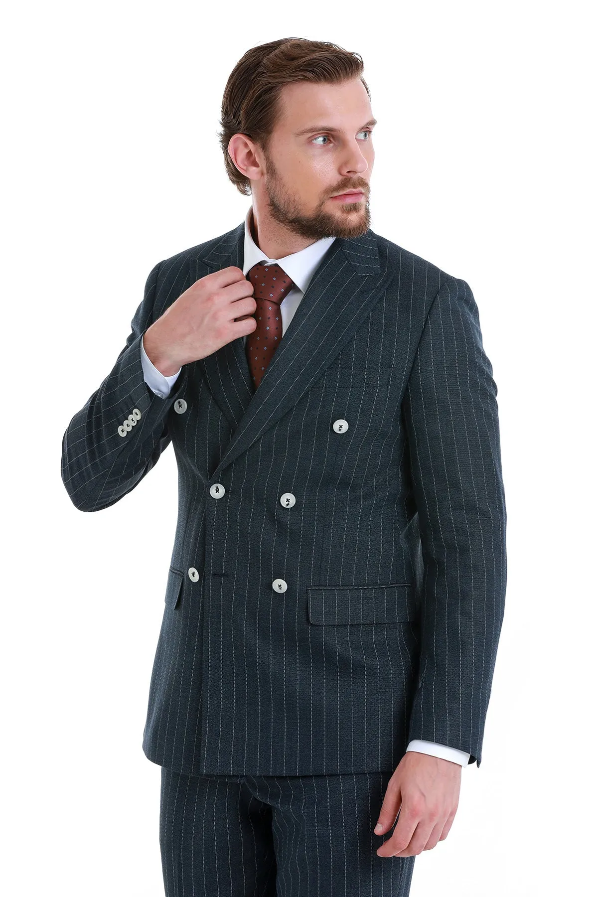 Slim Fit Double Breasted Navy Striped Casual Suit