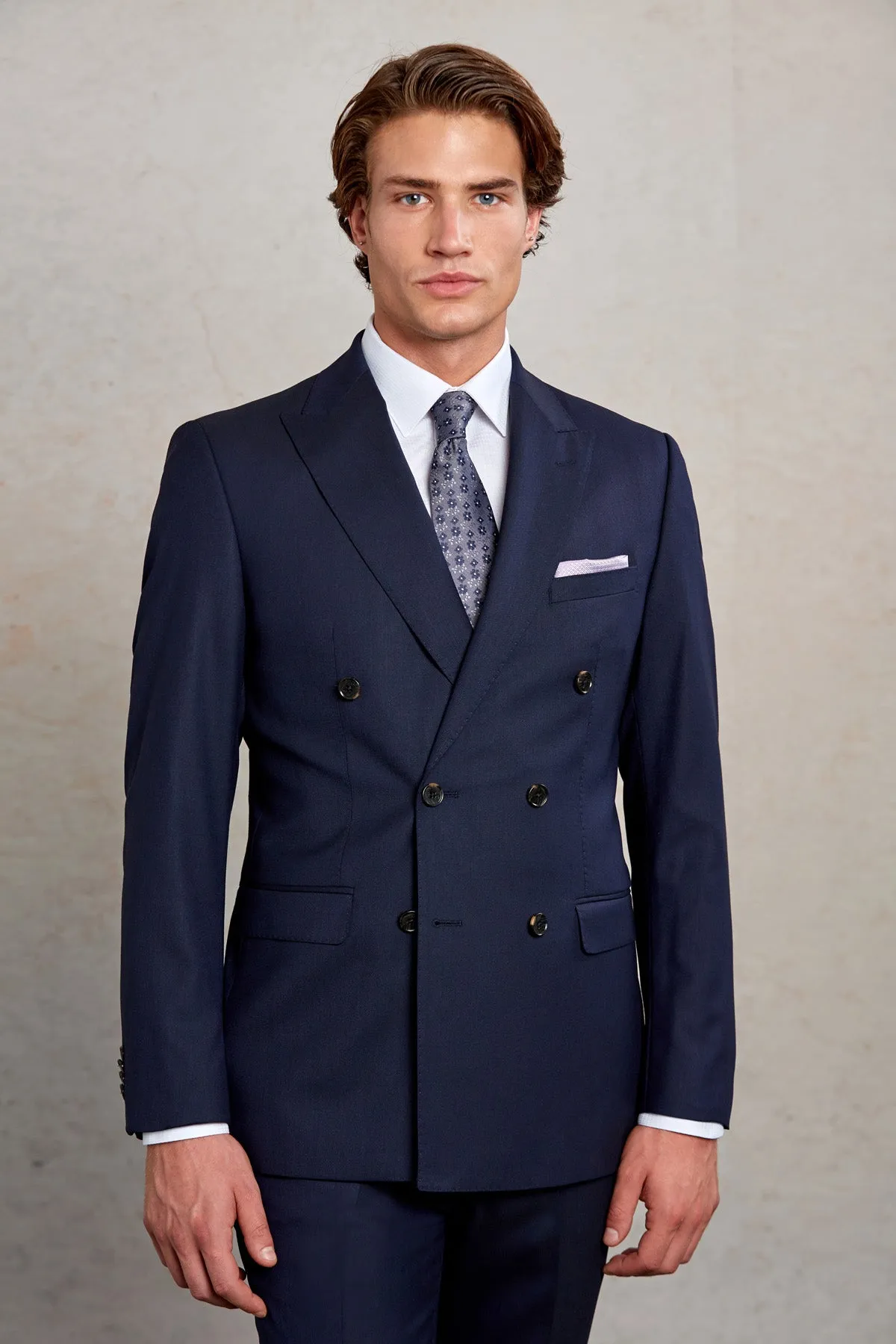 Slim Fit Double Breasted Navy Wool Blend Classic Suit