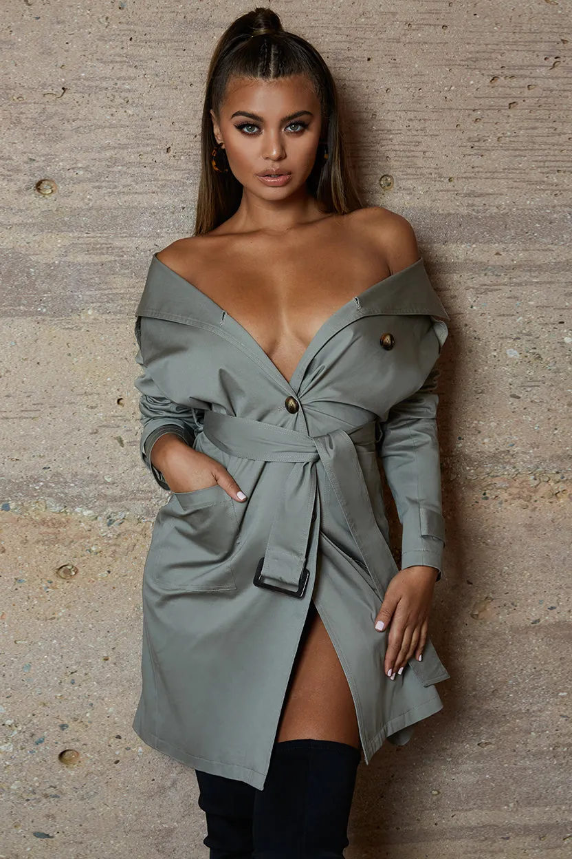 So Over You Bardot Trench Coat Dress in Khaki Grey