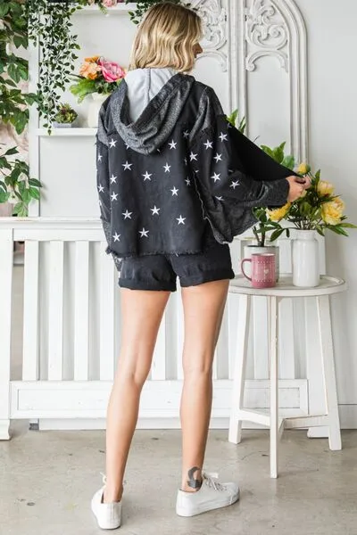 Star Embroidered Hooded Denim Jacket